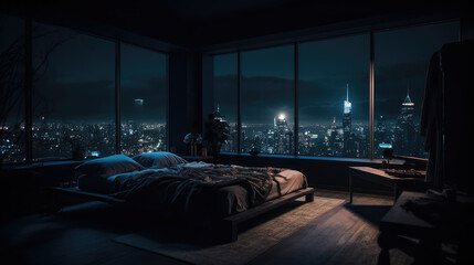 penthouse bedroom at night, dark gloomy, A room with a view of the city from the bed.