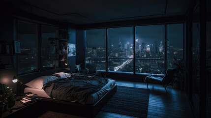 penthouse bedroom at night, dark gloomy, A room with a view of the city from the bed. - obrazy, fototapety, plakaty