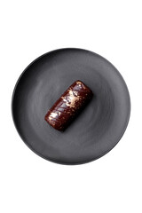 Delicious sweet cheese with syrup covered with chocolate and nuts