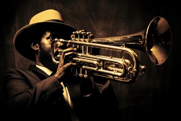 Vintage jazz: Trumpet player, passion, atmospheric bar, dark art, close-up, fun, music, history. Photo generative AI - obrazy, fototapety, plakaty
