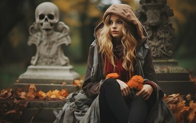 attractive woman in gothic elegant vintage clothes, black dress sitting near a tomb  in the cemetery in autumn, thoughtful, in grief, mystic, Halloween atmosphere, model