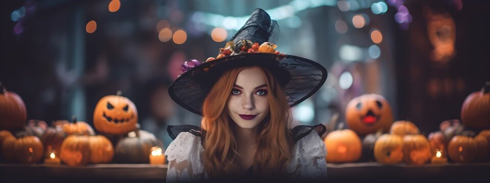 Beautiful Caucasian model in Halloween costume on dark spooky background with copy space. Sexy woman in top hat, vintage gothic dress and scary makeup