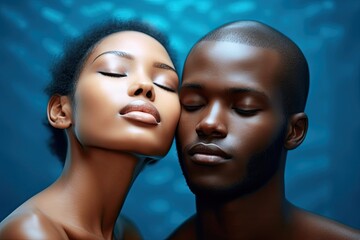 Perfect-skinned couple promote clear skin in closeup headshot against blue background. Photo generative AI