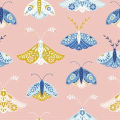 Seamless vector folk moths pattern on pink background