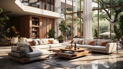 Fototapeta premium Modern living room interior in luxury open to below house. Glossy floor, large white corner sofa, coffee table, dining area. Floor-to-ceiling windows with garden view. Contemporary home decor.