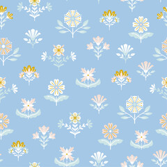 Vector seamless geometrical folk floral pattern on a pastel blue background 