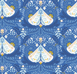 Seamless vector blue folk art pattern, moths and flowers