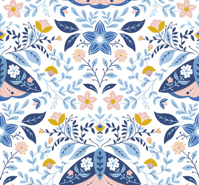 Seamless vector folk art pattern, moths and flowers