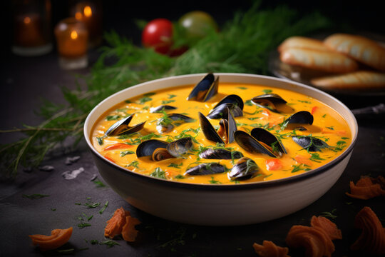 Tasty mussel soup or mussel in a plate on a beautiful background with elements of vegetables.generative ai

