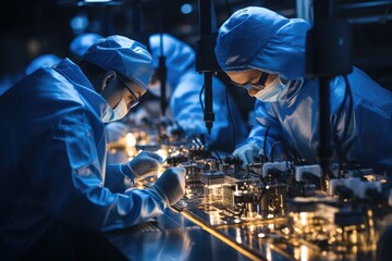 Microelectronic engineers in blue protective suits work on a hardware development factory line