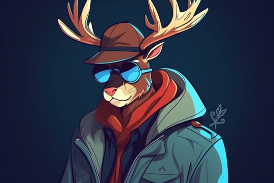 a Reindeer with a red nose is a detective, anime artstyle, comic, stylized - Generative Ai