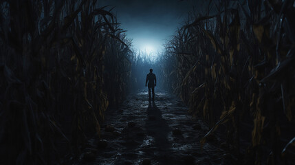 Man standing in the middle of the corn maze path