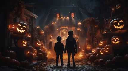 Fotobehang Boys standing in front of a spooky entrance during Halloween trick or treating © Rodrigo