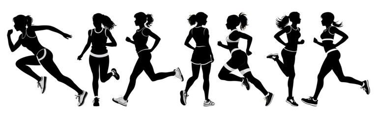 Run. Running women, vector set of isolated silhouettes