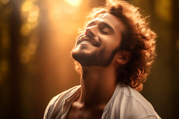 Free happy man enjoying nature. A handsome man in nature. The concept of freedom. Man on the background of the sky and the sun. Sun rays.