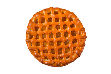Round pie with apple filling on a transparent background. View from above.