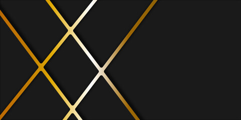 Trendy simple overlapping gold stripes vector. Vector illustration. Modern abstract black background design with shiny gold stripes. Luxury and elegant style template element with halftone decoration.