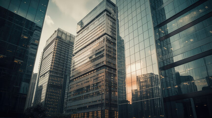 Reflective skyscraper business office buildings. Bottom up view of big modern city urban landscape.