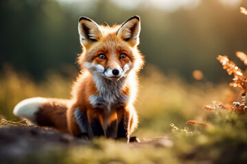 Fototapeta premium portrait of cute red fox cub on grass