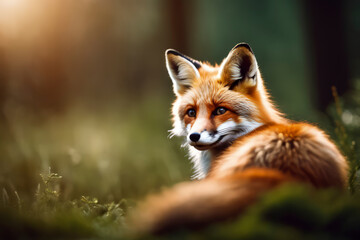 portrait of cute red fox cub on grass
