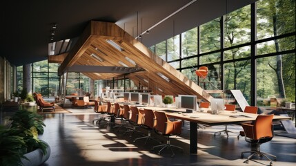 Modern open space office with no employees in luxury building. Concrete floor, large desks, chairs, desktop computers, office supplies. Glass walls with park view.