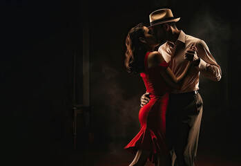 Couple of professional tango dancers in elegant suit and dress pose in a dancing movement on dark background. - obrazy, fototapety, plakaty