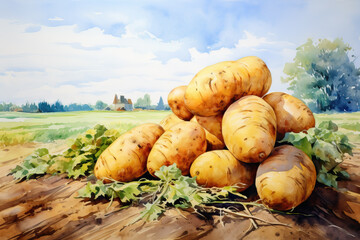 closeup of potatoes on a field, aquarelle style, ai generated