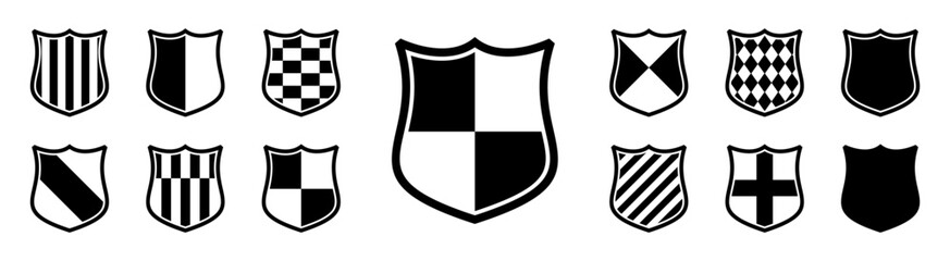 Protect shield vector set. Shields of various shapes with various patterns. A set of transparent icons symbolizing protection. Vector flat illustration