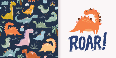 Dino set with decorative seamless pattern and greeting card, different types of cute dinosaurs, background useful for wallpaper, nursery, textile, wrapping paper © lilett