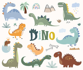 Funny dinosaurs collection with different types of cute animals, vector illustration isolated on white background