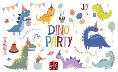 Dino Party collection with different types of dinosaurs in festive design; anniversary elements isolated on white background