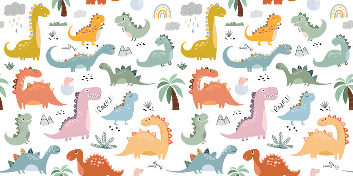 Seamless pattern with different types of cute dinosaurs, background useful for wallpaper, nursery, textile, wrapping paper
