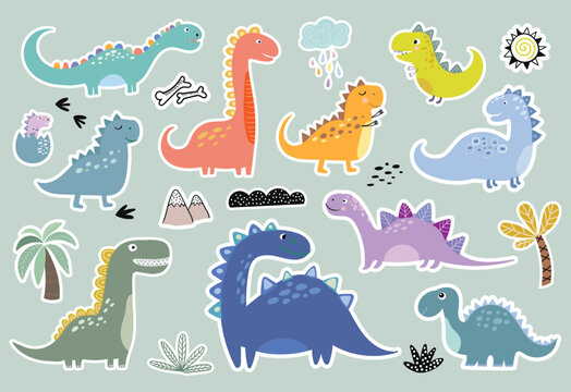  Decorative stickers collection with different types of cute and funny dinosaurs, vector design for kids