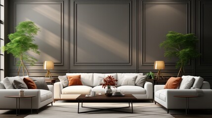 Front view of a modern classic living room. Gray wall, comfortable couches with cushions, coffee table, plants in pots, floor lamps. Contemporary home design. Mockup, 3D rendering.