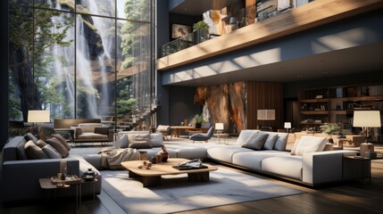 Modern living room interior in luxury open to below house. Large corner sofa, coffee table, staircase to the second floor. Floor-to-ceiling window with garden view. Contemporary home decor.