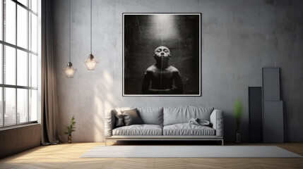 Modern loft living room interior in gray tones with a poster.	