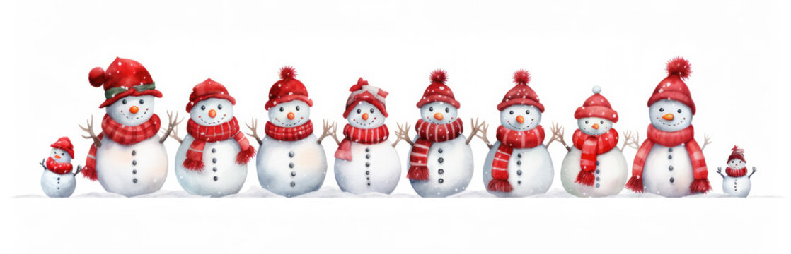 Cartoon of Cute snowmen rejoice in winter holidays. Seamless border. Christmas background. Snowmen in red winter clothes under the snow.