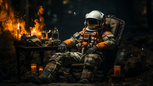 astronaut sitting on a chair after returning from the moon, generative ai	
