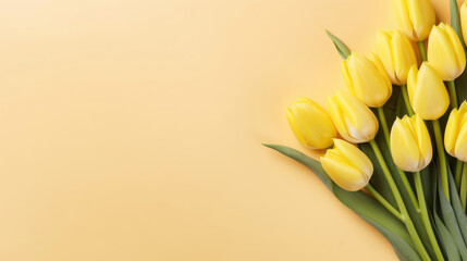 Greeting card of bouquet of yellow tulips on a pastel yellow background with copy space