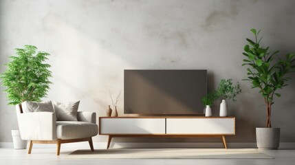 Front view of a modern minimalist scandi living room. White wall with flat TV, tv-stand, comfortable armchair, green plants in pots, decorative vases. Home decor. Mockup, 3D rendering.