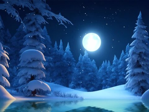 snowy forest at christmas, moon at night above the christmas tree stars shining video footage