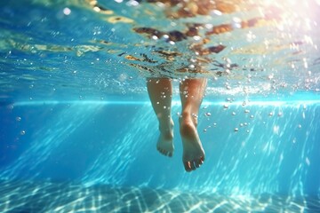 Underwater view, feet of a child walking on the cool beach. Ai generated.