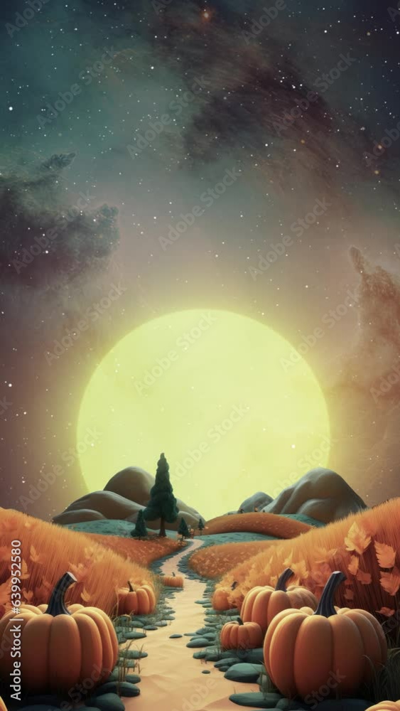 Sticker an animated push towards and landscape of pumpkins and a cosmic background featuring the setting sun