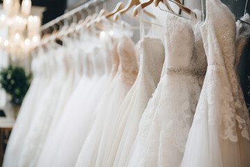 Luxury elegant bridal dress on hangers. Beautiful white wedding dresses hanging on hanger in bridal shop boutique salon. Closeup