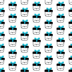 Cute pattern with gift box. Vector kawaii seamless pattern with gift boxes on white background.