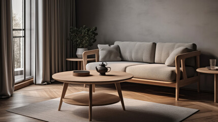 Round wooden coffee table near sofa and armchair against window and wall with blank mockup poster frame.