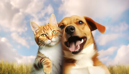 Portrait of a happy cat and dog