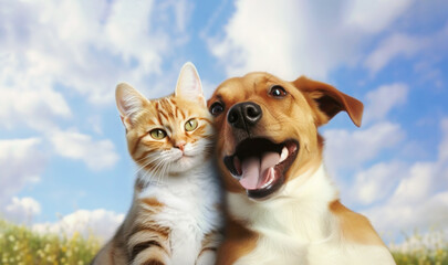 Portrait of a happy cat and dog