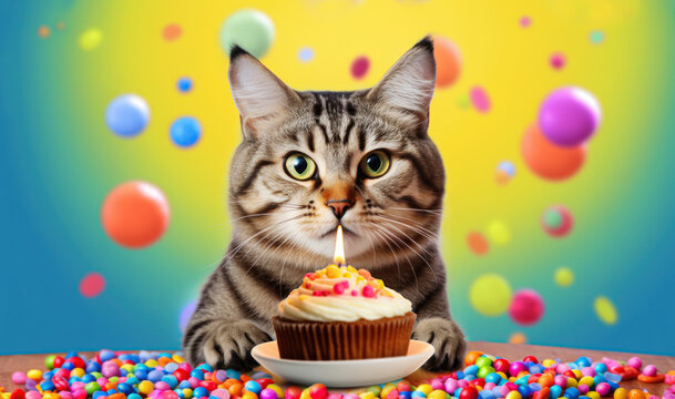 Tabby cat with birthday cake and candles