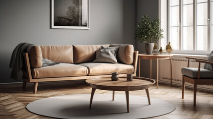 Naklejka na ściany i meble Round wooden coffee table near sofa and armchair against window and wall with blank mockup poster frame.